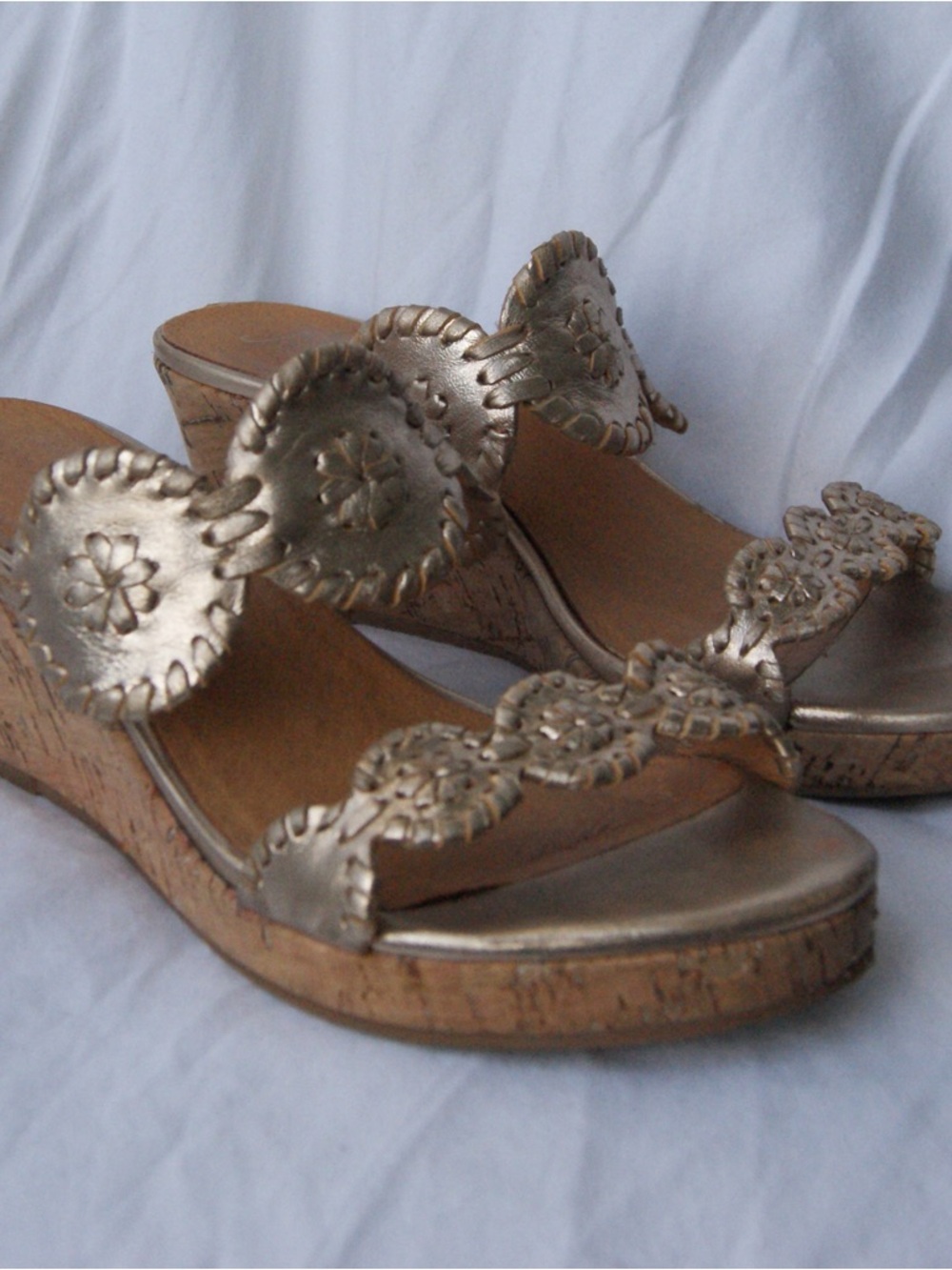 Jack Rogers Gold Metallic Wedge Sandals with Decorative Medallions